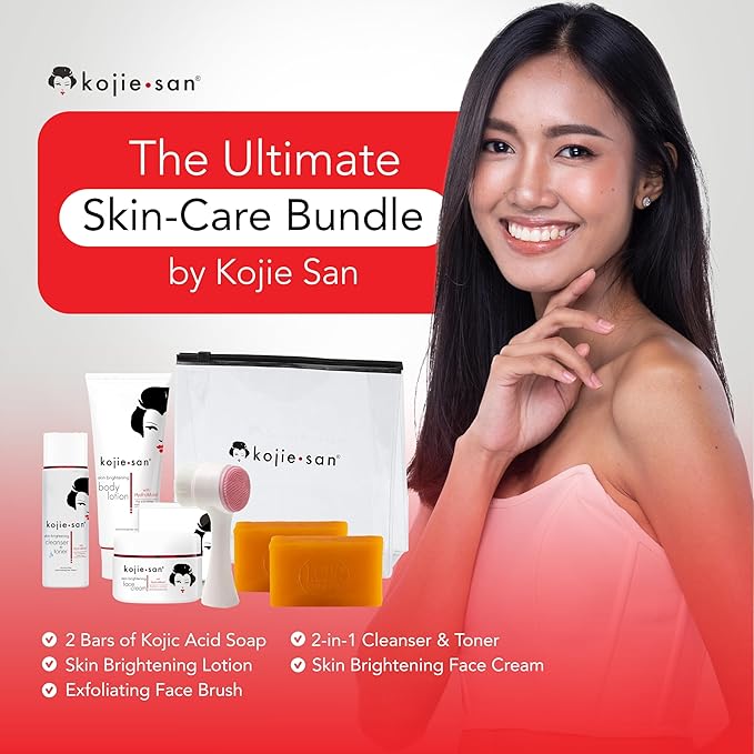 Kojie San Face & Body Complete Brightening Mini Set - 65 Gram x 2 Bars Soap, Body Lotion, Face Cream, and Facial Cleansing Brush-Velvo Beauty