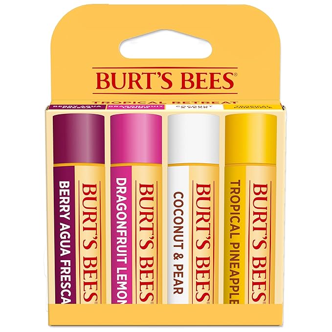 Burt's Bees Lip Balm - Berry Agua Fresca, Dragonfruit Lemon, Coconut & Pear, Tropical Pineapple Pack, With Beeswax, Tint-Free, Natural Origin Lip Treatment, 4 Tubes, 0.15 oz.-Velvo Beauty