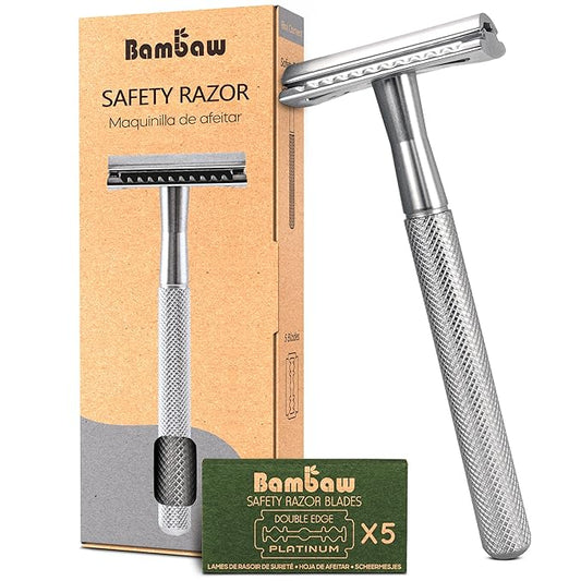 Bambaw Double Edge Safety Razor for Men & Women, Metal Razor with 5 Double Edge Safety Razor Blades, Eco-Friendly Razor – Silver-Velvo Beauty