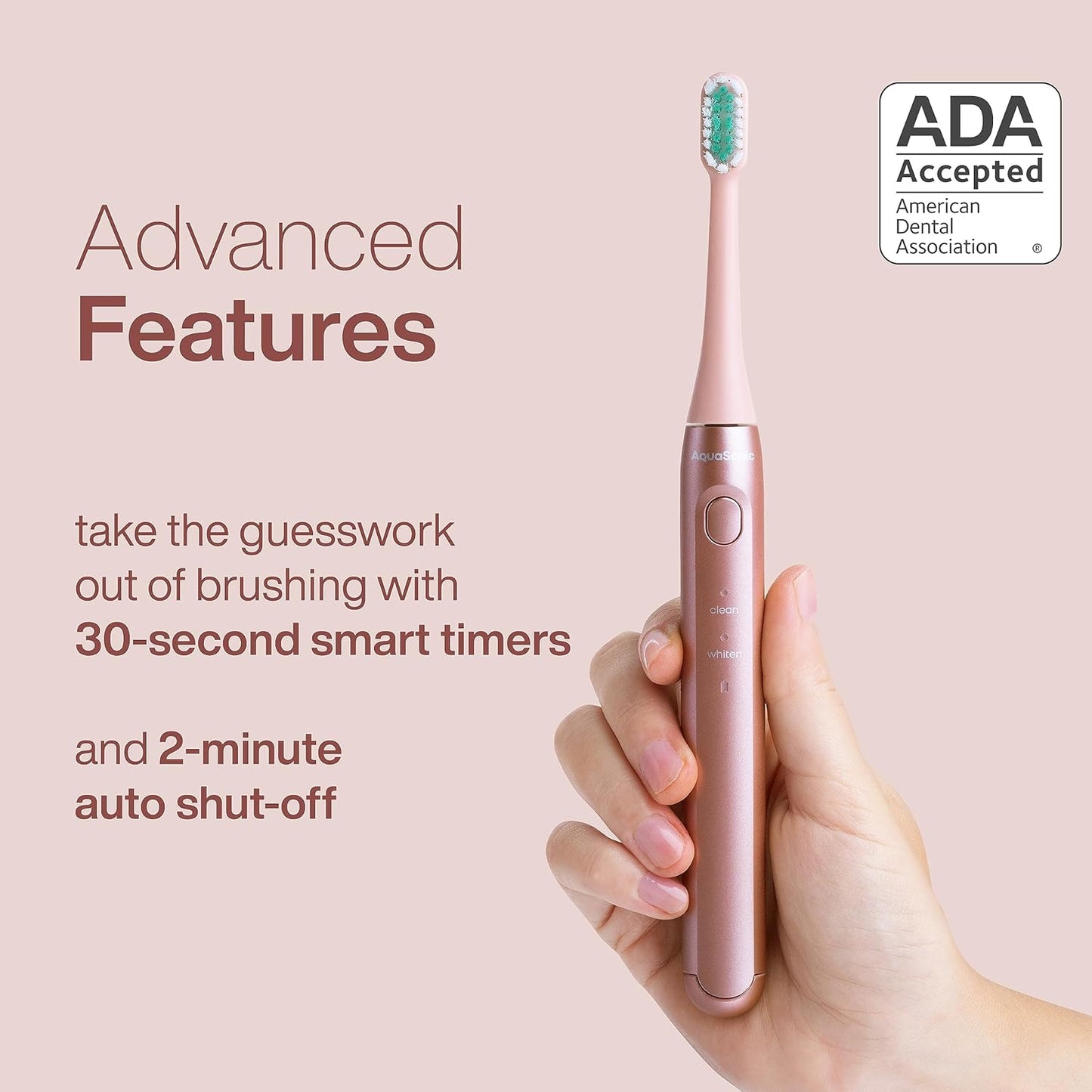 Aquasonic Icon ADA-Accepted Rechargeable Toothbrush | Magnetic Holder & Slim Travel Case | 2 Brushing Modes & Smart Timers | Gentle Micro-Vibrations (Blush)-Velvo Beauty