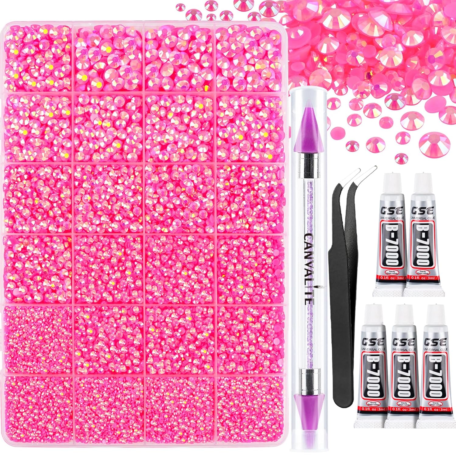 Canvalite 25000PCS Resin Jelly Rhinestones for Crafting,Hot Pink AB Flatback Gems, Bedazzling Crystal with 5x2.5g B7000 Jewelry Glue and Tweezers Dotting Pen for DIY Crafts Clothing Shoes Nail Art-Velvo Beauty