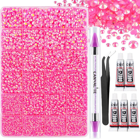 Canvalite 25000PCS Resin Jelly Rhinestones for Crafting,Hot Pink AB Flatback Gems, Bedazzling Crystal with 5x2.5g B7000 Jewelry Glue and Tweezers Dotting Pen for DIY Crafts Clothing Shoes Nail Art-Velvo Beauty