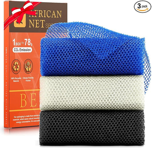 UJFQBH 3 Pieces African Bath Sponge African Net Long Net Bath Sponge Exfoliating Shower Body Scrubber Back Scrubber Skin Smoother,Great for Daily Use(Blue,Black,Off-White)-Velvo Beauty