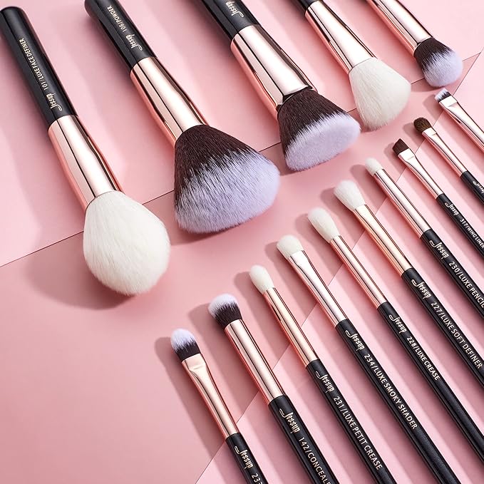 Jessup Makeup Brushes, Labeled Makeup Brush Set Premium Synthetic and Natural Hair Foundation Powder Concealer Eyeshadow Blending 15pcs Brush Kit, Rose Gold/Black T160-Velvo Beauty