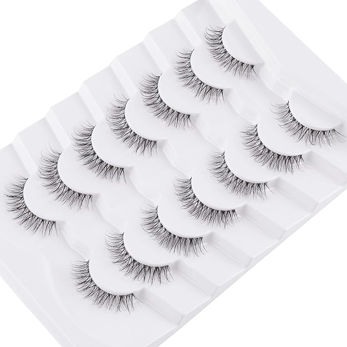 Natural Lashes False Eyelashes 12 MM Short Lashes WIspy 3D Volume Fake Eyelashes Pack C Curl Soft Eye Lash with Thin Cotton Band 7 Pair False Lashes Siligli-Velvo Beauty