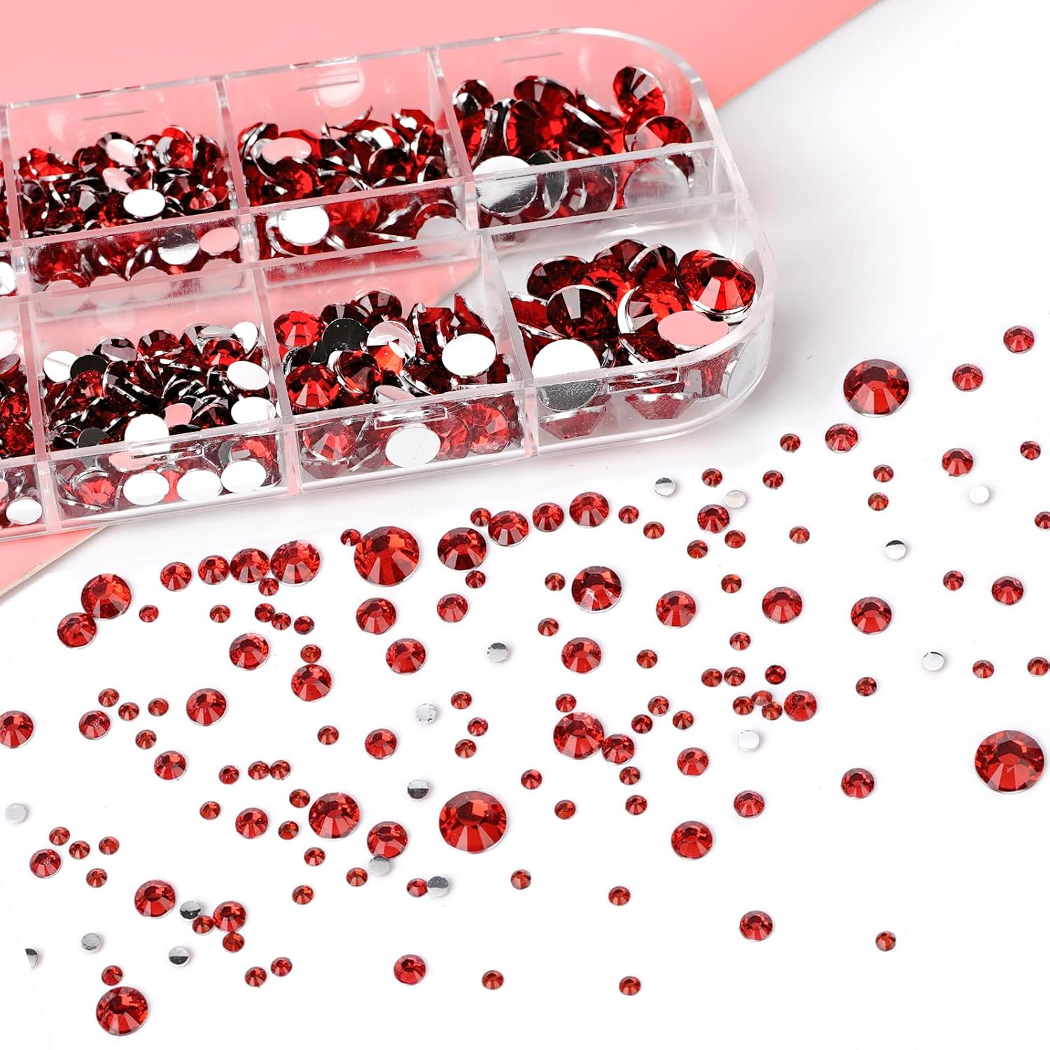 Canvalite 2784PCS Red Rhinestones Flat Back Gems, Nail Rhinestones Gems with 5Pcs Jewelry Glues, Pick Up Tweezers and Diamonds Picker Dotting Pen, Tools for Nail Art, Clothes, Face, Crafts-Velvo Beauty