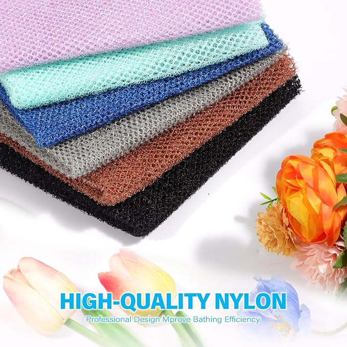 UJFQBH 6 Pieces African Bath Sponge African Net Long Net Bath Sponge Exfoliating Shower Body Scrubber Back Scrubber Skin Smoother,Great for Daily Use (Purple, Gray, Blue, Black, Brown, Green)-Velvo Beauty