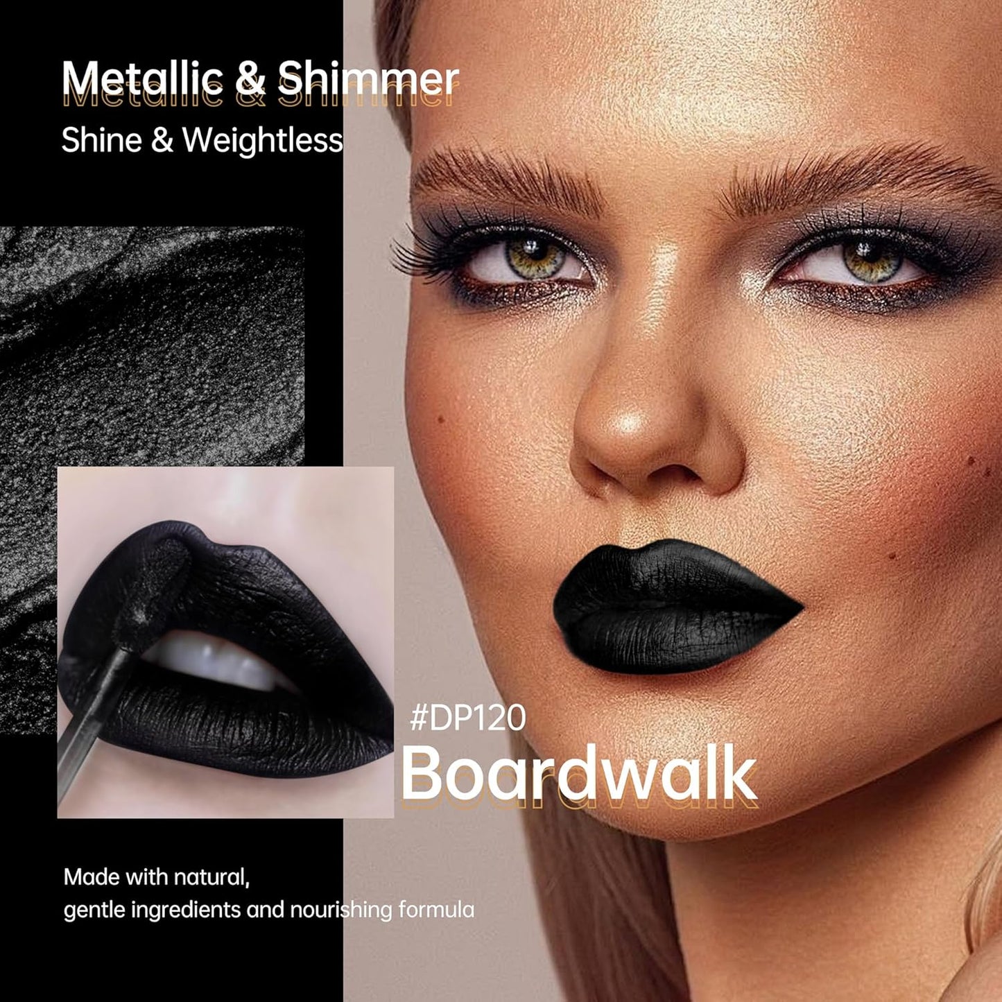 Black Lipsticks for Women Metallic Lipstick Long Lasting Non Stick Cup Lip Gloss, Shimmer Lightweight Hydrating Full Coverage Lip Color, DP120 Boardwalk-Velvo Beauty