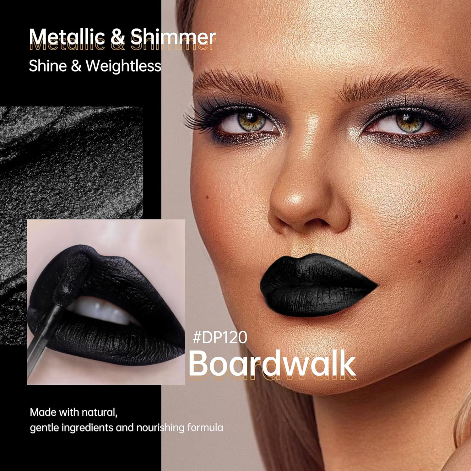 Black Lipsticks for Women Metallic Lipstick Long Lasting Non Stick Cup Lip Gloss, Shimmer Lightweight Hydrating Full Coverage Lip Color, DP120 Boardwalk-Velvo Beauty