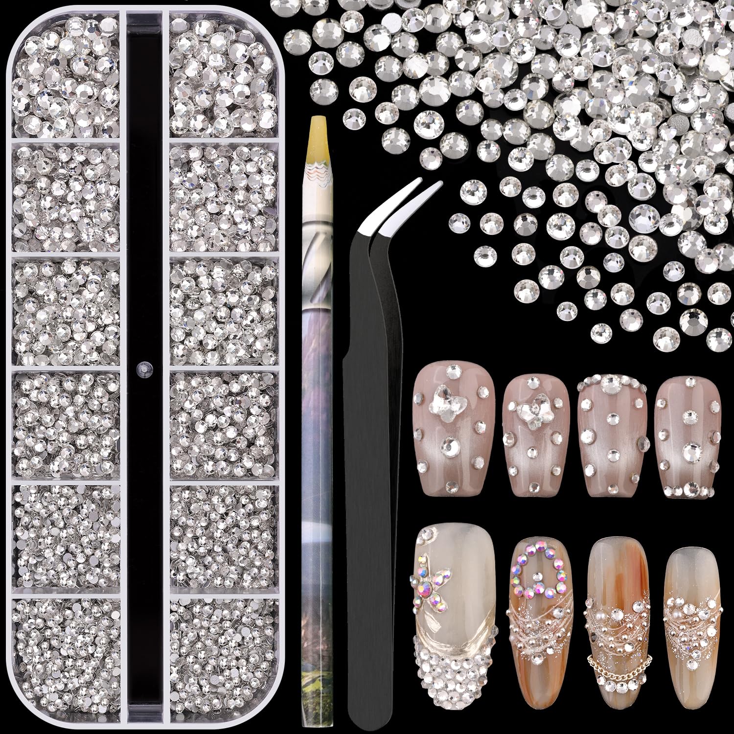 3600pcs Glass Transparent White Nail Rhinestones 6 Sizes(1.8/2/2.4/2.8/3/4mm) Flatback Crystal Nail Charms Jewels Decoration for Nail Art and Crafting, Tweezer and Pickup Pen included-Velvo Beauty