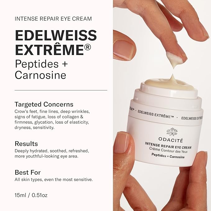 ODACITE Edelweiss Extreme Intense Repair Eye Cream - Anti-Aging Treatment with Carnosine Peptides for Youthful Eyes - Vegan Skincare - Sensitive Skin Friendly - For All Skin Types - 0.51 oz-Velvo Beauty