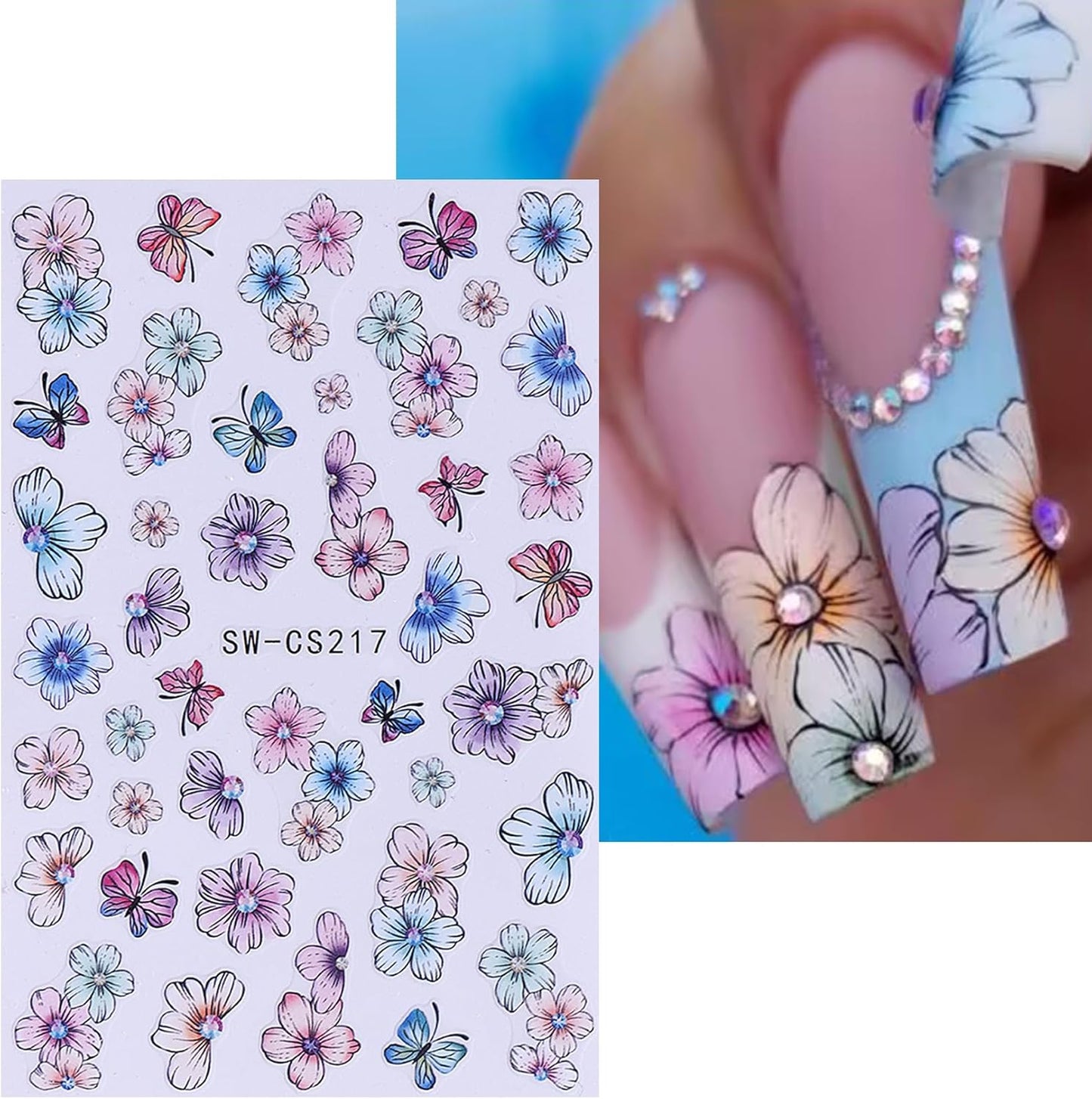 Flower Stickers for Nail Art Decals - 12 Sheets Spring Butterfly Nail Stickers with Tweezers 3D Floral Leaves Plant Nail Art Designs DIY Self Adhesive Daisy Blossom Nail Supplies Decorations-Velvo Beauty