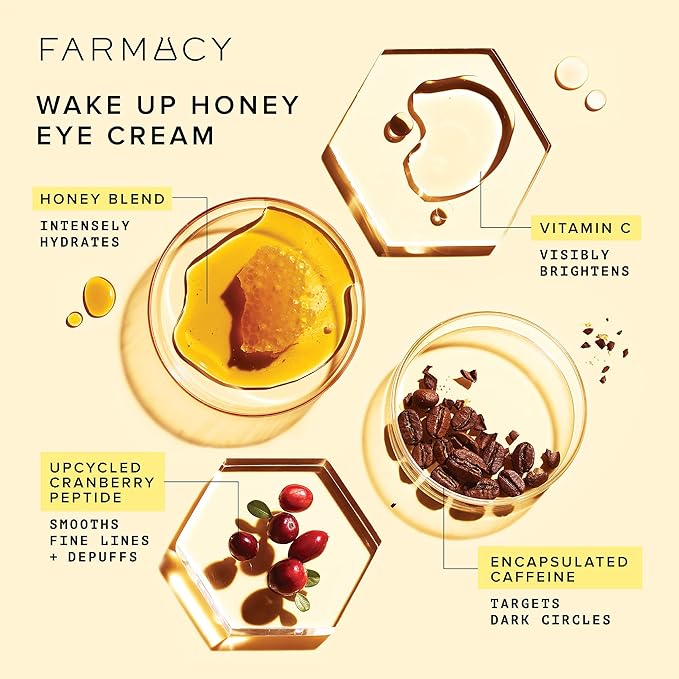 Farmacy Brightening Eye Cream - Wake Up Honey Under Eye Cream for Dark Circles + Puffiness - Caffeine Eye Cream Enriched with Vitamin C + Cranberry Peptide to Smooth Wrinkles Over Time (15ml)-Velvo Beauty