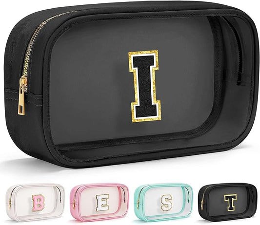 YOOLIFE Initial Make Up Bag Travel Toiletry Bag for Women, Clear Makeup Bag Organizer Cosmetic Bags Travel Essentials Gifts for Women Teen Girlfriend Teacher Mom Birthday Mothers Day Gifts Black I-Velvo Beauty