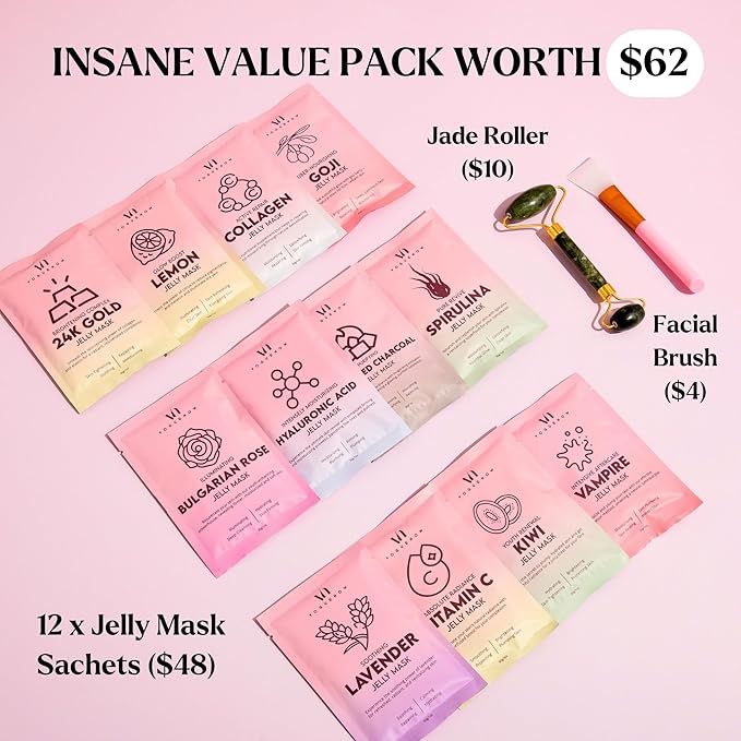 Jelly Mask for Facials - 12 Flavors Hydrating & Brightening Jelly Face Masks | Free Jade Roller & Spatula | Bulgarian Rose, Lavender, Hyaluronic Acid, 24K Gold face mask skin care |Vajacial Jelly Mask-Velvo Beauty