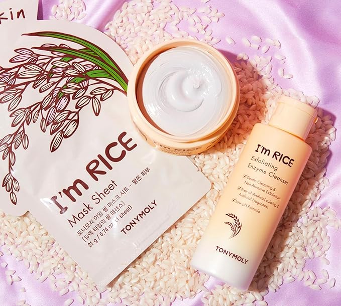 TONYMOLY I'm Rice Clarifying Skincare Set – 3-Step Face Care for Clear, Hydrated Skin – Includes Enzyme Powder Cleanser, Blemish Mask & Nourishing Sheet Masks – Gentle Exfoliation & Oil Control-Velvo Beauty
