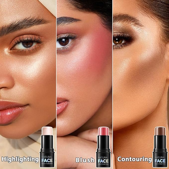 3 Pcs Contour Stick, Highlighter Stick, Blush Stick, Cream Contour Kit with Contour Brush, Create Face Contour, Non-greasy, Waterproof Long-lasting Effect for Women (2+5+6,LIGHT MEDIUM)-Velvo Beauty