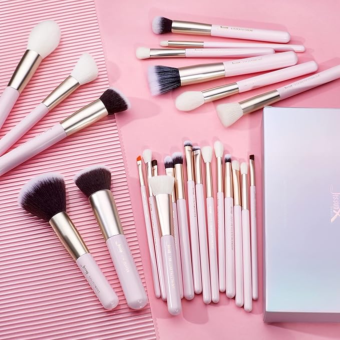 Jessup Makeup Brushes Set Professional, 25PCS Pink Premium Natural Powder Foundation Eyeshadow Blending Concealer Blusher Highlight Labeled Brushes, T290-Velvo Beauty