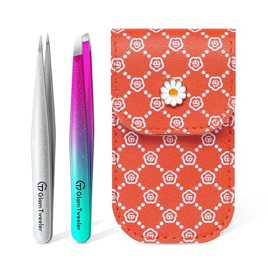 Expert Slant and Point Tip Tweezer Set with Exclusive Travel Case, GlamTweeler Sharp & Precision Tweezer Set for Eyebrows, Facial Hairs & Fine Hairs Removal (Sparkle Purple & Turquoise + Silver)-Velvo Beauty