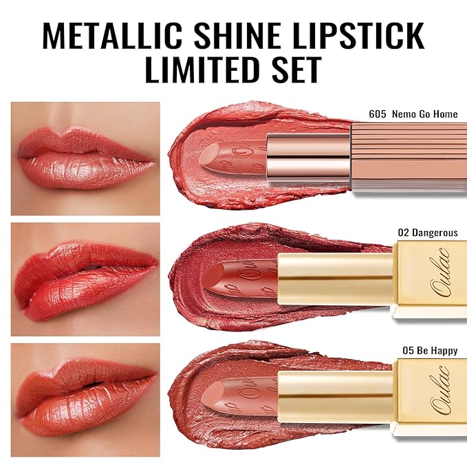 Oulac Metallic Orange Lipstick Set 3PCS, Comfortable Creamy Texture, Smooth No Grainy Feeling, Vegan & Gluten Free, Full-Coverage Lip Makeup, 3 X 4.3 g, 605+02+05-Velvo Beauty