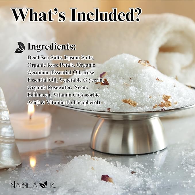 Organic Rose Bath Salts by Nabila K - Dead Sea Salt & Epsom Salt Scrub & Soak - Exfoliates & Hydrates Skin, Botanical Essential Oils - Bubble Bath Accessories for All Skins Types, 8 oz-Velvo Beauty