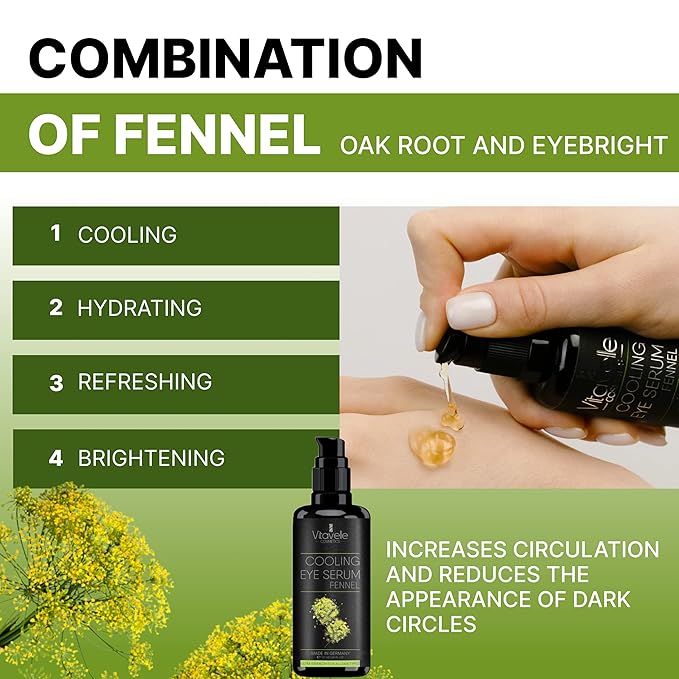 Eye Serum Under Eye Cream for Dark Circles and Puffiness – Cooling, Hydrating Under Eye Serum with Pure Fennel Extract – Eye Cream Anti Aging to Moisturize & Depuff – Zero Paraben Eye Gel by Vitavelle-Velvo Beauty