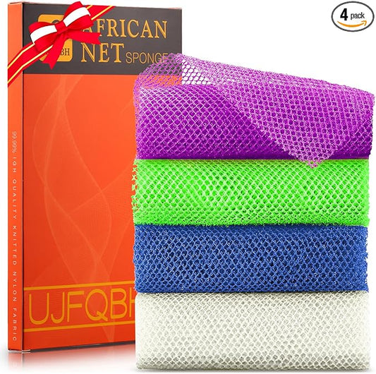 UJFQBH 4 Pieces African exfoliating net African Net Long Net Bath Sponge Exfoliating Shower Body Scrubber Back Scrubber Skin Smoother,Great for Daily Use (Purple, Blue, Green, White)-Velvo Beauty