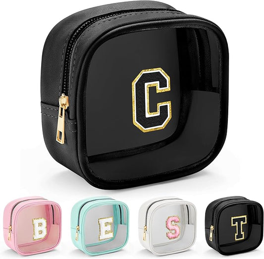 YOOLIFE Initial Makeup Bag Travel Toiletry Bag, Clear Makeup Bag Car Accessories For Women Clear Makeup Bags With Zipper Girlfriend Teacher 7 Year Old Girl Gifts Daughter Gifts Girl Gifts Mini Black C-Velvo Beauty