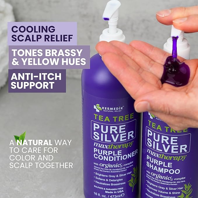 Tea Tree Purple Shampoo & Conditioner Set for Blonde, Bleached, Silver & Grey Hair, Anti-Brass Toner, Boosts Highlights & Color, Revitalizes, Relieves Itchy Scalp & Salon-Grade Hair Toner.-Velvo Beauty