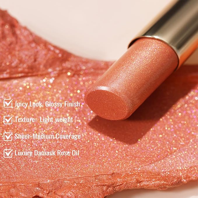 Oulac Moisture Peach Nude Lipstick - 2 in 1 Shimmer Lipstick & Lip Balm, Shimmer Soild Lip Gloss, Lightweight Smooth, Natural Look Best for Dry, Cracked and Chapped Lips, Vegan 2.2g/0.07oz (S05)-Velvo Beauty
