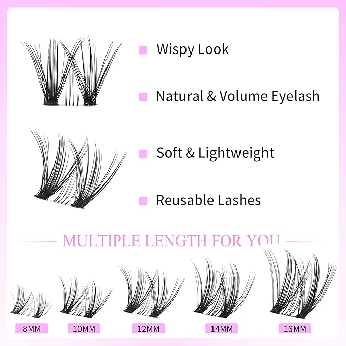 VEYESBEAUTY Lash Clusters Kit Eyelash Extensions Thin & Invisible Band DIY Individual False Eyelashes Newbie's Five-Second Series Lash Tray for Self-application, Whisper Lash 8-16mm Mixed Length-Velvo Beauty