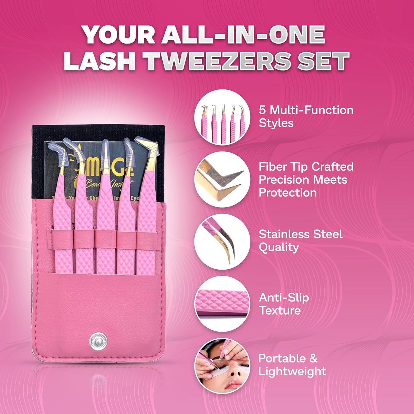 5 Pcs Fiber-Tip Japanese Steel Lash Tweezer Set with Leather Case, Professional Eyelash Tweezers for Lash Extensions – Titanium Coated, 90 & 45 Angled, Precision Pointed Tweezers (PINK)-Velvo Beauty