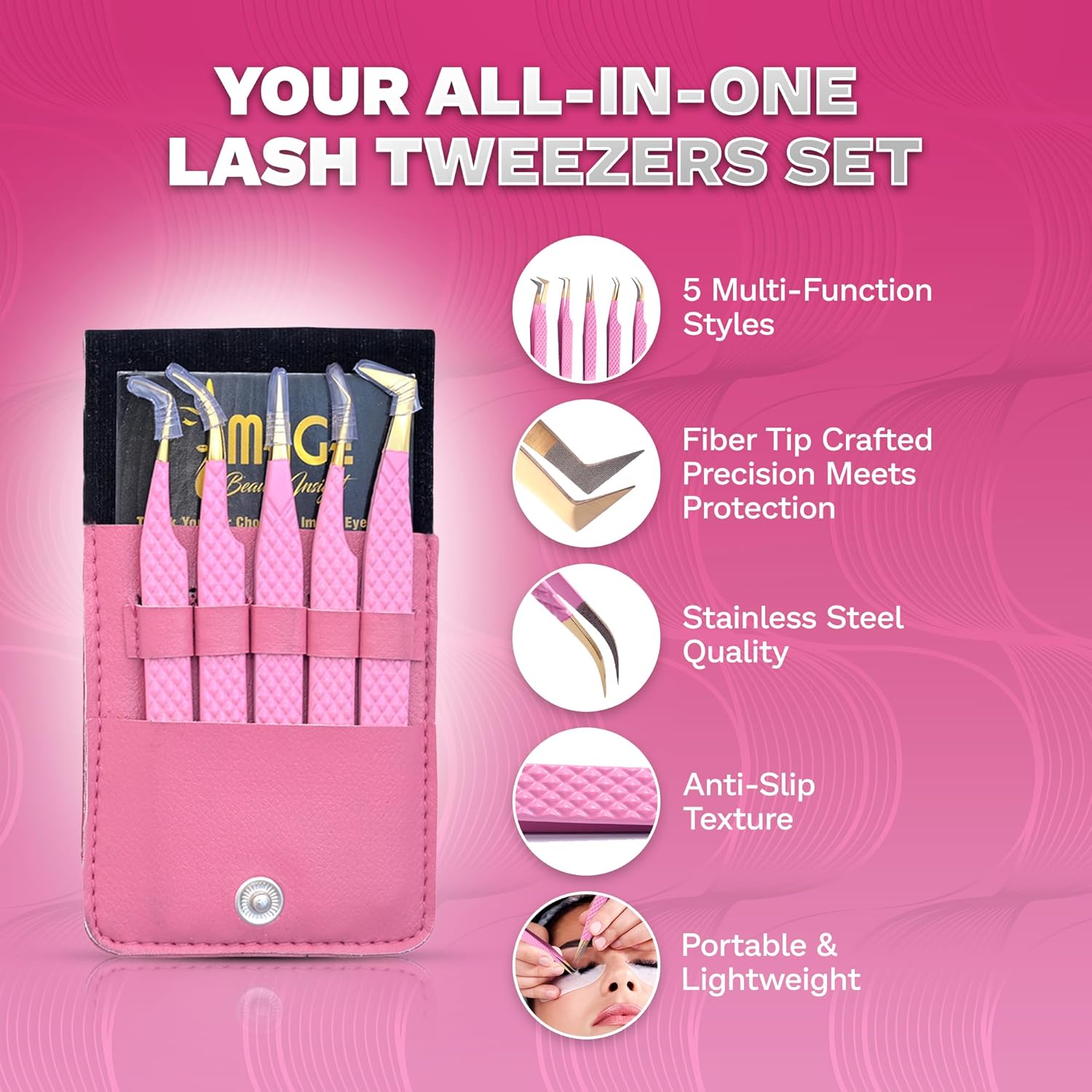5 Pcs Fiber-Tip Japanese Steel Lash Tweezer Set with Leather Case, Professional Eyelash Tweezers for Lash Extensions – Titanium Coated, 90 & 45 Angled, Precision Pointed Tweezers (PINK)-Velvo Beauty