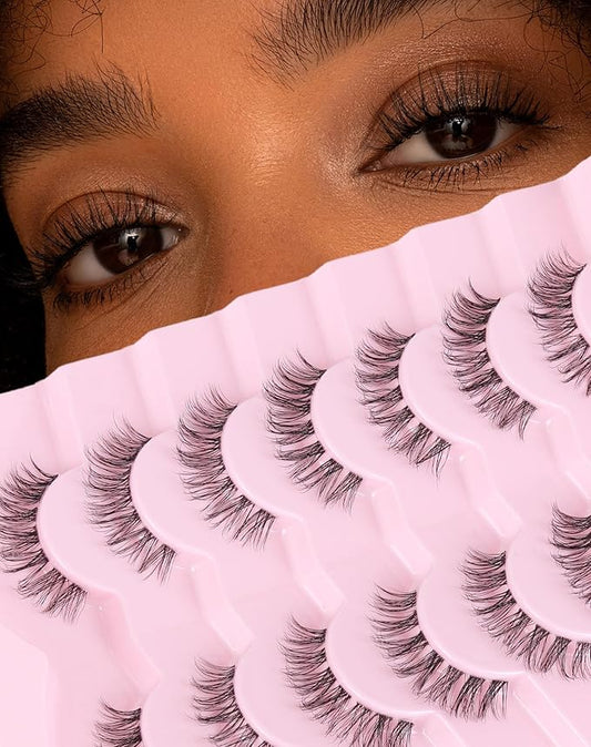 Wispy lashes natural look false eyelashes C curl fake lashes 3d Fluffy eye lashes clear band lashes Pack 7 Pairs-Velvo Beauty