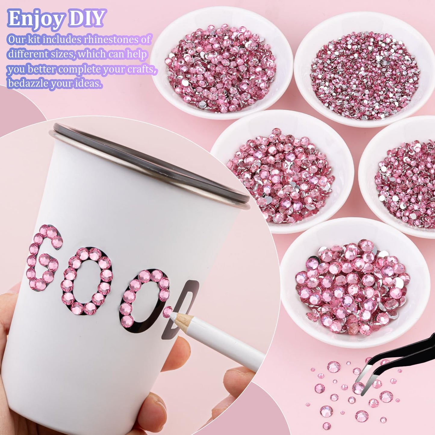 25000Pcs Resin Rhinestones with Tweezers for Crafting, Dark Pink 2-6mm Mixed Sizes Bedazzling Crystal with 3Pcs 10ml B7000 Jewelry Glue for DIY Crafts Clothing Tumblers Shoes Fabric Nail Art-Velvo Beauty