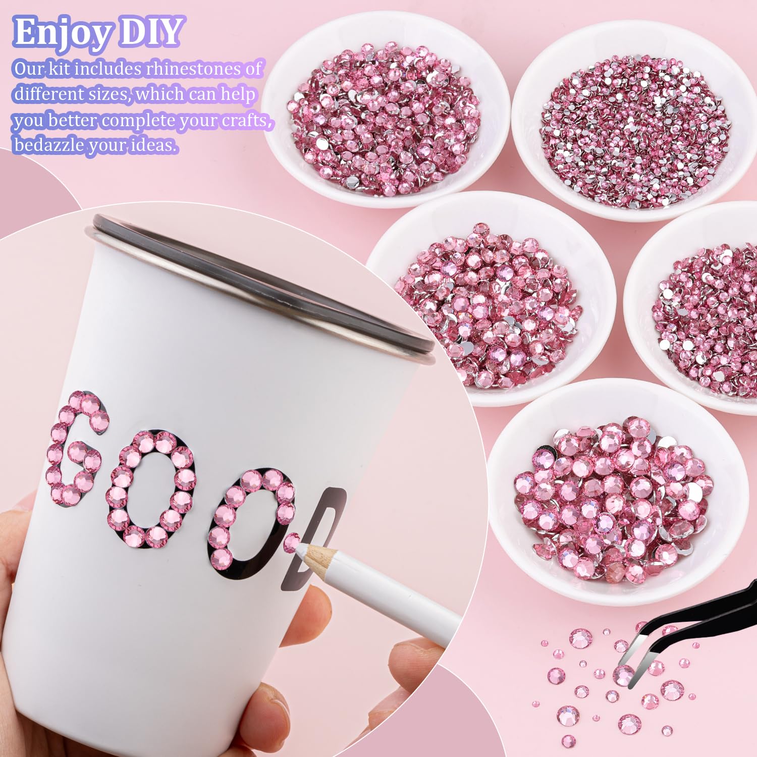 25000Pcs Resin Rhinestones with Tweezers for Crafting, Dark Pink 2-6mm Mixed Sizes Bedazzling Crystal with 3Pcs 10ml B7000 Jewelry Glue for DIY Crafts Clothing Tumblers Shoes Fabric Nail Art-Velvo Beauty