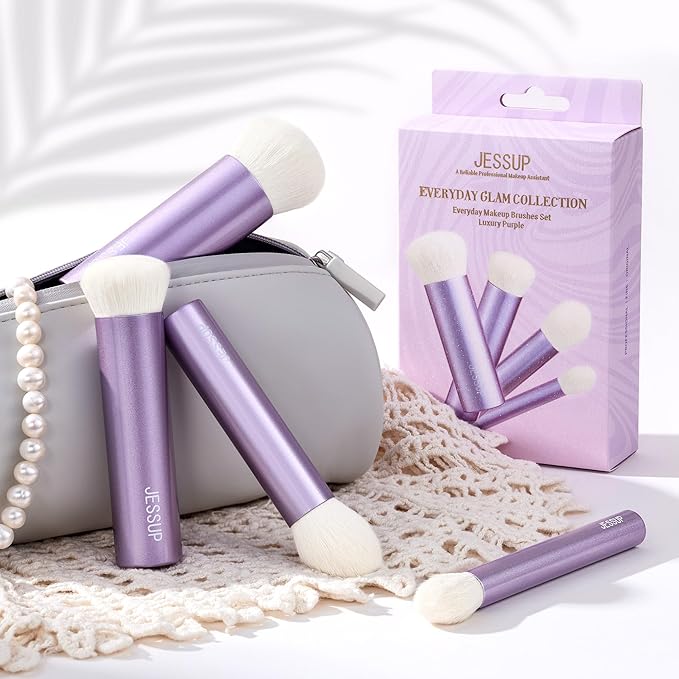 Jessup Makeup Brushes Set 4pcs Face Kabuki Brush for Foundation Contour Powder Blush Bronzer and Highlighter, Premium Synthetic Fiber Cruelty-Free, Luxury Purple T517-Velvo Beauty