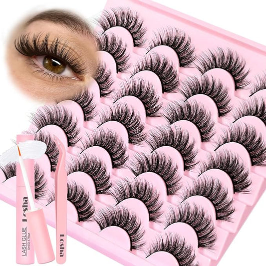 Losha Lashes Wispy False Eyelashes Natural Cat Eye Lashes Kit with Lash Glue and Lash Tweezers 14 Pairs Short Fake Eyelashes Soft Thin Faux Mink Lashes Pack (Lighter)-Velvo Beauty
