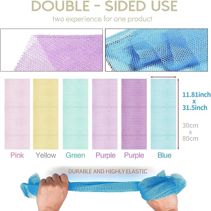 UJFQBH 6 Pieces African Bath Sponge African Net Long Net Bath Sponge Exfoliating Shower Body Scrubber Back Scrubber Skin Smoother,Great for Daily Use (Purple, Purple, Pink, Orange, Blue, Green)-Velvo Beauty