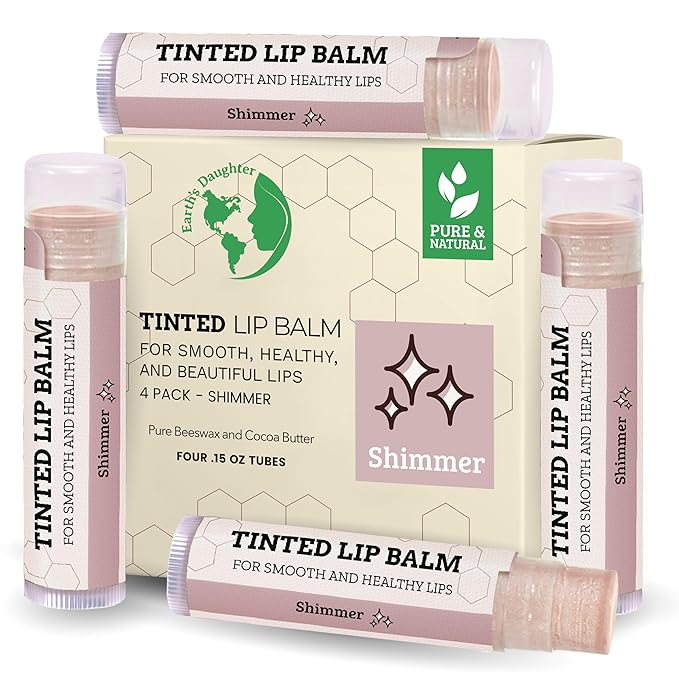 Tinted Lip Balm by Earth’s Daughter – 4 Pack of Shimmer Tint – Beeswax, Coconut Oil, Cocoa Butter, Vitamin E – Moisturize and Beautify – Paraben Free-Velvo Beauty