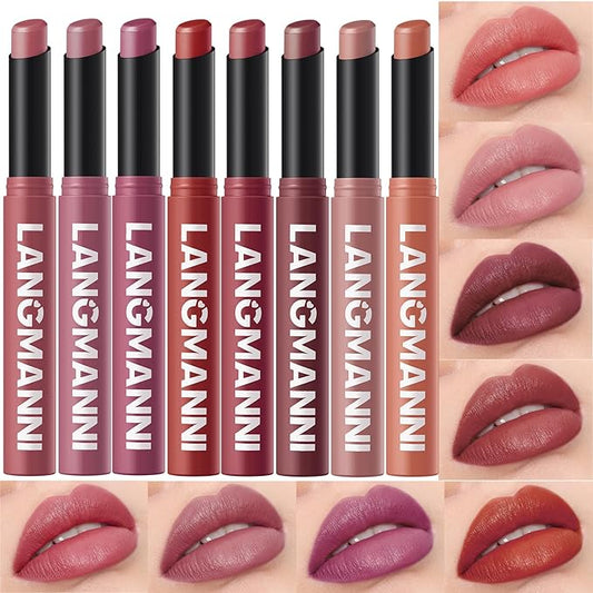 Jolilab 8Pcs Velvet Matte Lipstick Nude Matte Soft Dark Color Stick High Pigmented Long-Lasting Waterproof Lip Stick Lip Balm Beauty Cosmetics Gift for Girls and Women(7-12+1+5-Velvo Beauty