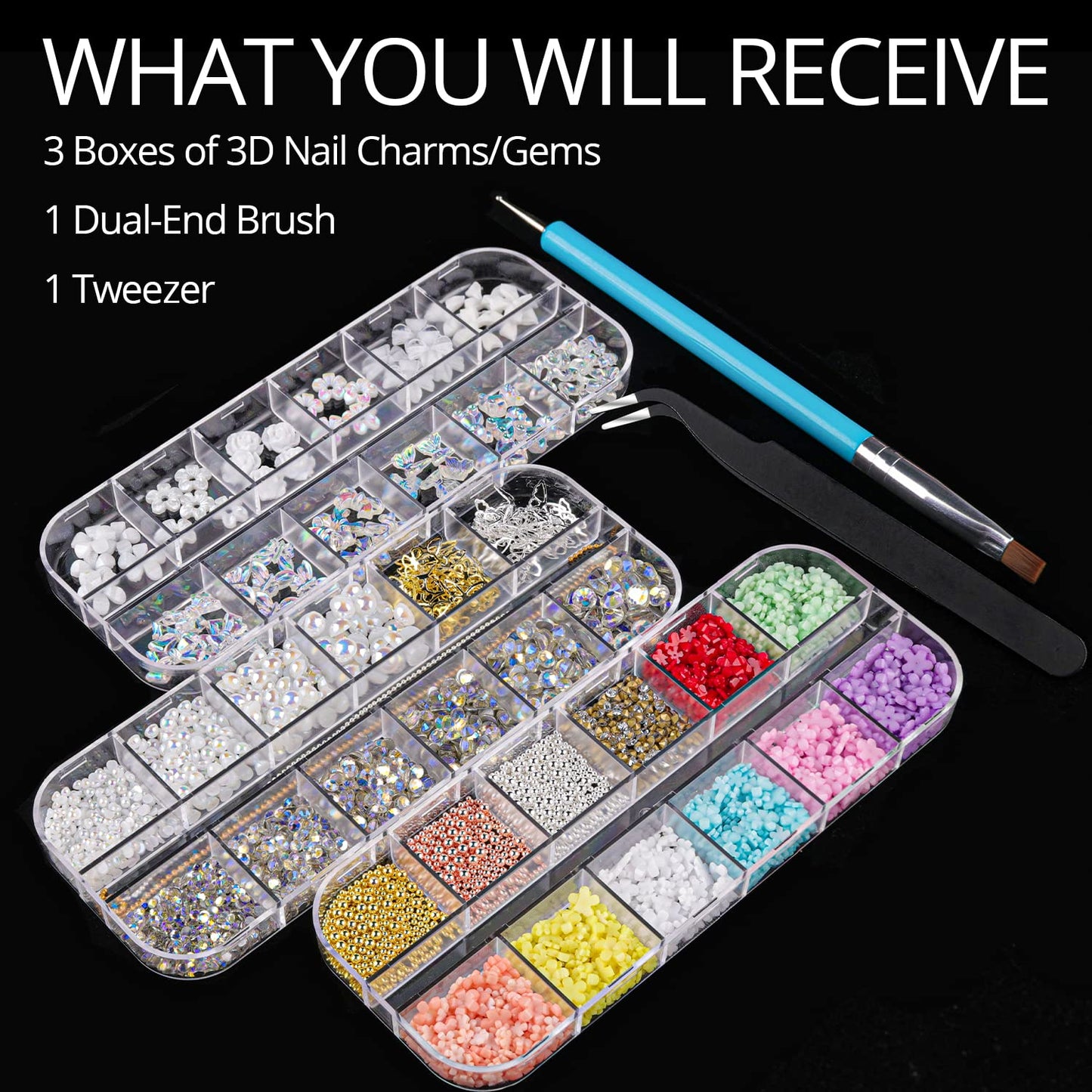 Mixed 3D Nail Art Gem Decoration Accessories Kit #1, Aurora Bear Bow Butterfly Starry AB Rhinestone Charm Jewelry for Deco, Pearl Flower Caviar Bead Stone Crystal with Dual-End Brush and Tweezer-Velvo Beauty