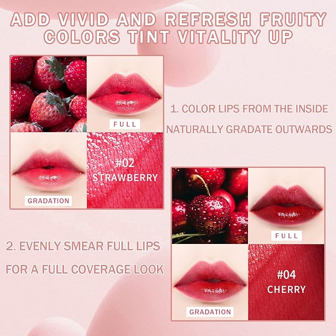 4 Pcs Fruit Lip Stain Set, Vivid Watery Lip Tint Lip Gloss, Plump Velvet Lip Tint Stain, Natural Matte Liquid Lipstick for Lips Cheek Eye, Non-Stick Cup Mini Tinted Lip Long lasting Waterproof-Velvo Beauty