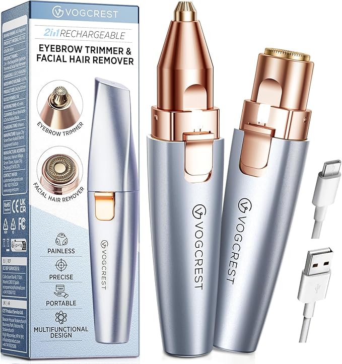 Eyebrow & Facial Trimmer: 2 in1 Rechargeable Facial Hair & Eyebrow Shaver - Painless LED Light (Sky Blue)-Velvo Beauty