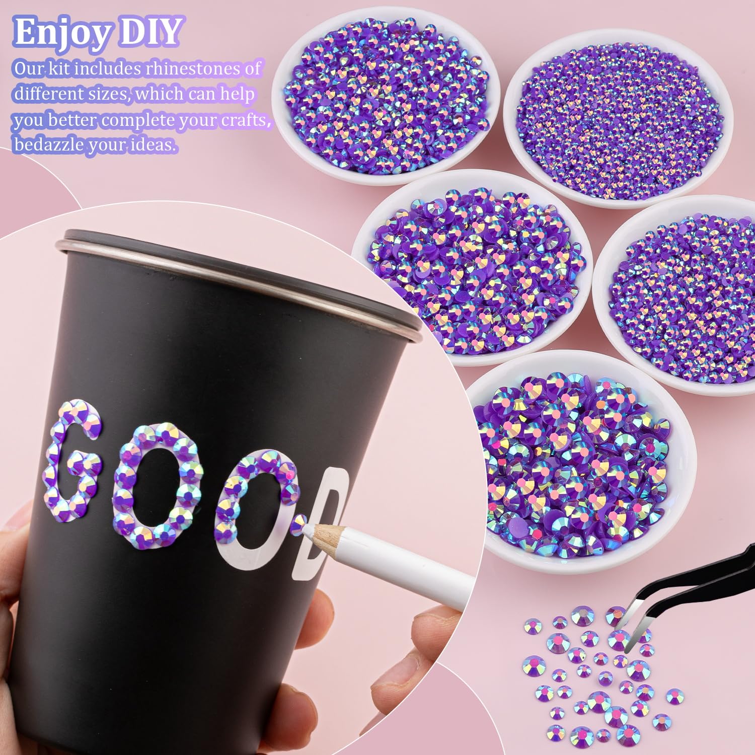 25000Pcs Resin Jelly Rhinestones with Tweezers for Crafting, Dark Purple AB Flatback Gems, Bedazzling Crystal with 3Pcs 10ml B7000 Jewelry Glue for DIY Crafts Clothing Tumblers Shoes Fabric Nail Art-Velvo Beauty
