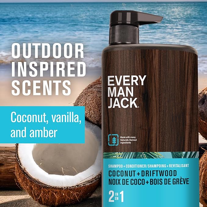 Every Man Jack 2-in-1 Daily Shampoo + Conditioner - Coconut & Driftwood | Nourishing For All Hair Types, Naturally Derived, Cruelty-Free Shampoo and Conditioner Set for Men | 24oz -1 Bottle-Velvo Beauty