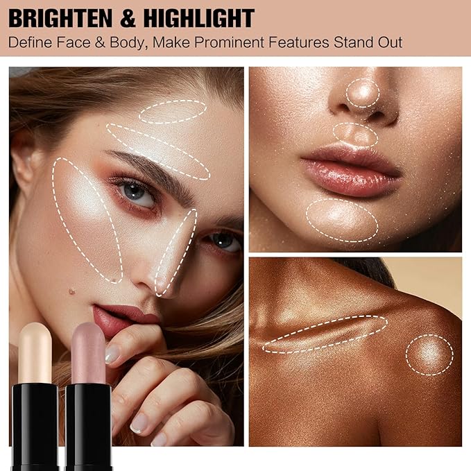 Contour Stick, 2Pcs Dual-Ended Highlighter Makeup Pen & Contouring Stick for Face Shaping, Long Lasting Waterproof Cream Bronzer & Highlight Sticks Make Up Kit for All Skin Tones(01# + 03#)-Velvo Beauty