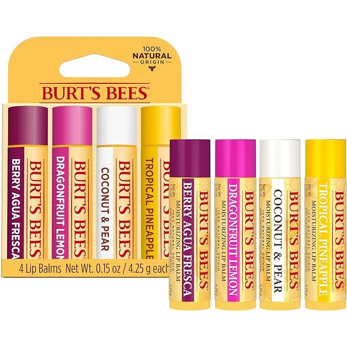 Burt's Bees Lip Balm - Berry Agua Fresca, Dragonfruit Lemon, Coconut & Pear, Tropical Pineapple Pack, With Beeswax, Tint-Free, Natural Origin Lip Treatment, 4 Tubes, 0.15 oz.-Velvo Beauty