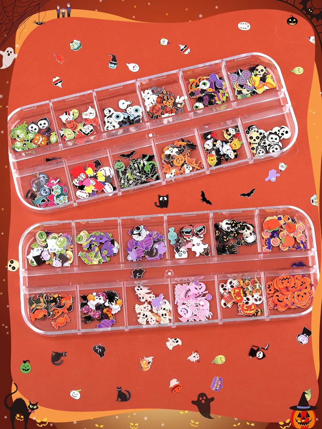 Kalolary Halloween Nail Art Sequins, 3D Skull Spider Pumpkin Bat Ghost Witch Stickers for Acrylic Nails, Halloween Wood Pulp Glitter Flakes for Nail Art Decorations-Velvo Beauty