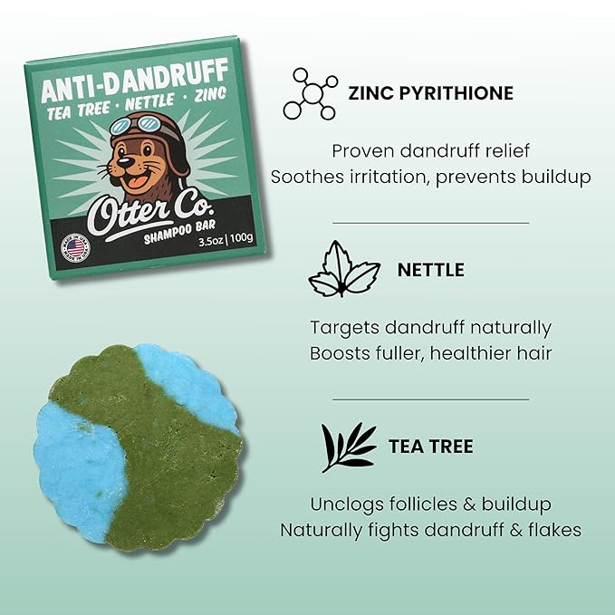 Otter co. Anti Dandruff Tea Tree Shampoo Bar – Nettle, Zinc, Green Tea, Apple Cider Vinegar, Anti Fungal Shampoo – Vegan, Natural, Cruelty & Sulfate Free – All Hair Types & Dry Scalp, USA Made-Velvo Beauty